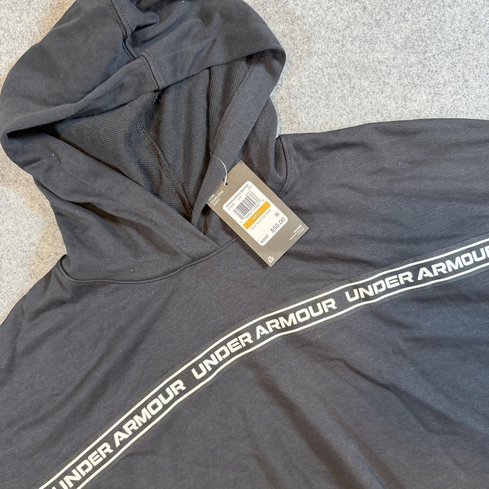 Under Armour Hoodie Womens Small Black Rival Terry Crop Pullover Logo Striped